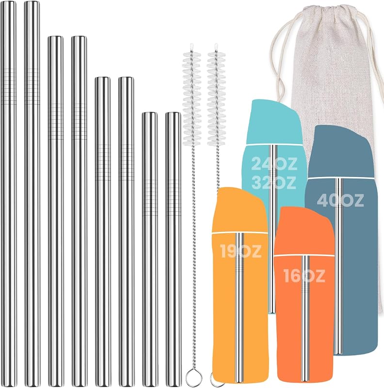 NiHome 8PCS Stainless Steel Straws Fit for Owala Bottle 16-40oz, 4 Lengths | Metal Reusable Straws Compatible with FreeSip 19oz 24oz 32oz 40oz, Tritan 25oz, Kids’ FreeSip 16oz, 2 Brushes & Bag (Silver)