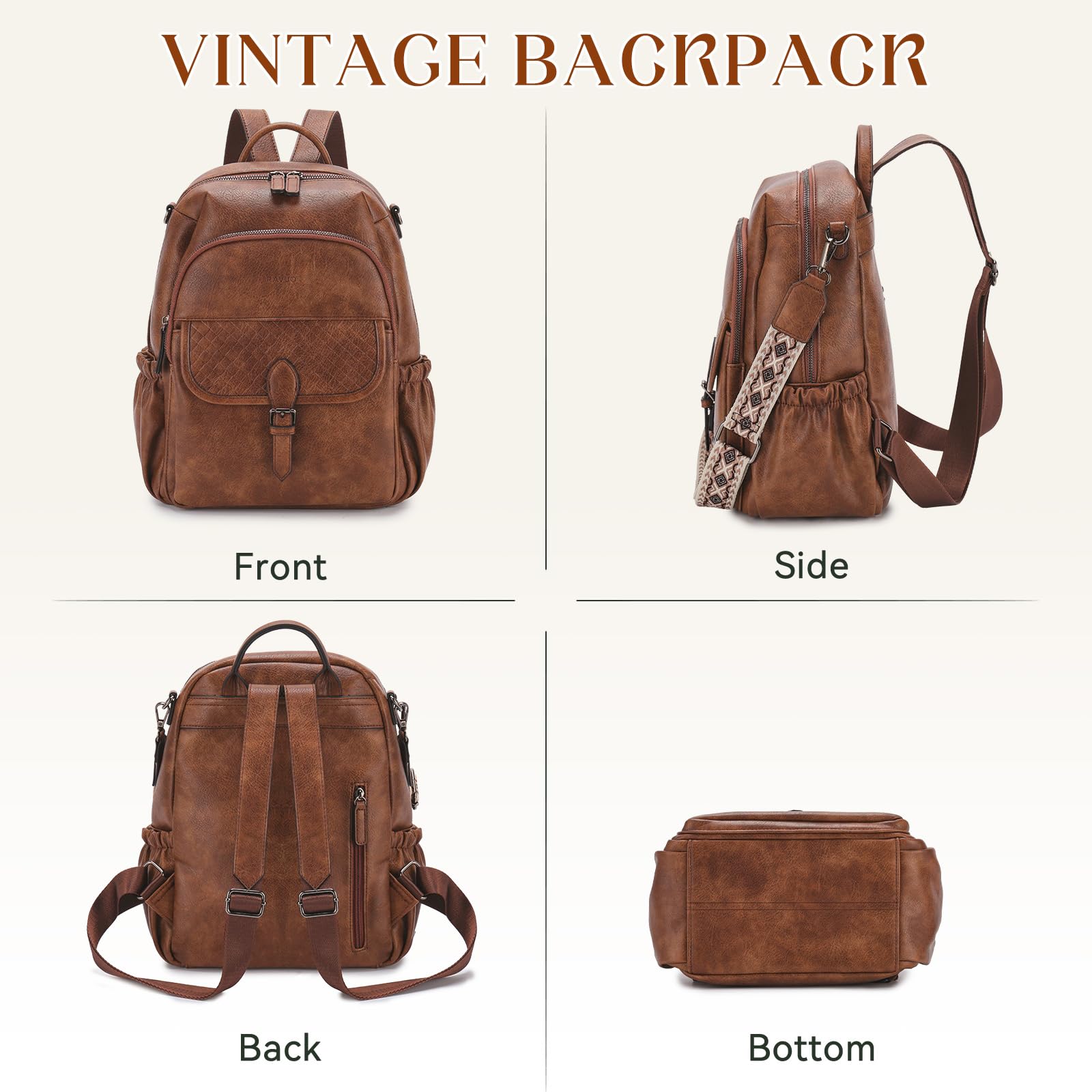 RAVUO Mochila Mujer,Bolso Mochilas de Cuero PU Impermeable Casual Mochila Casual Bolso de Bandolera Piel para Escuela Viaje Compras,Marrón