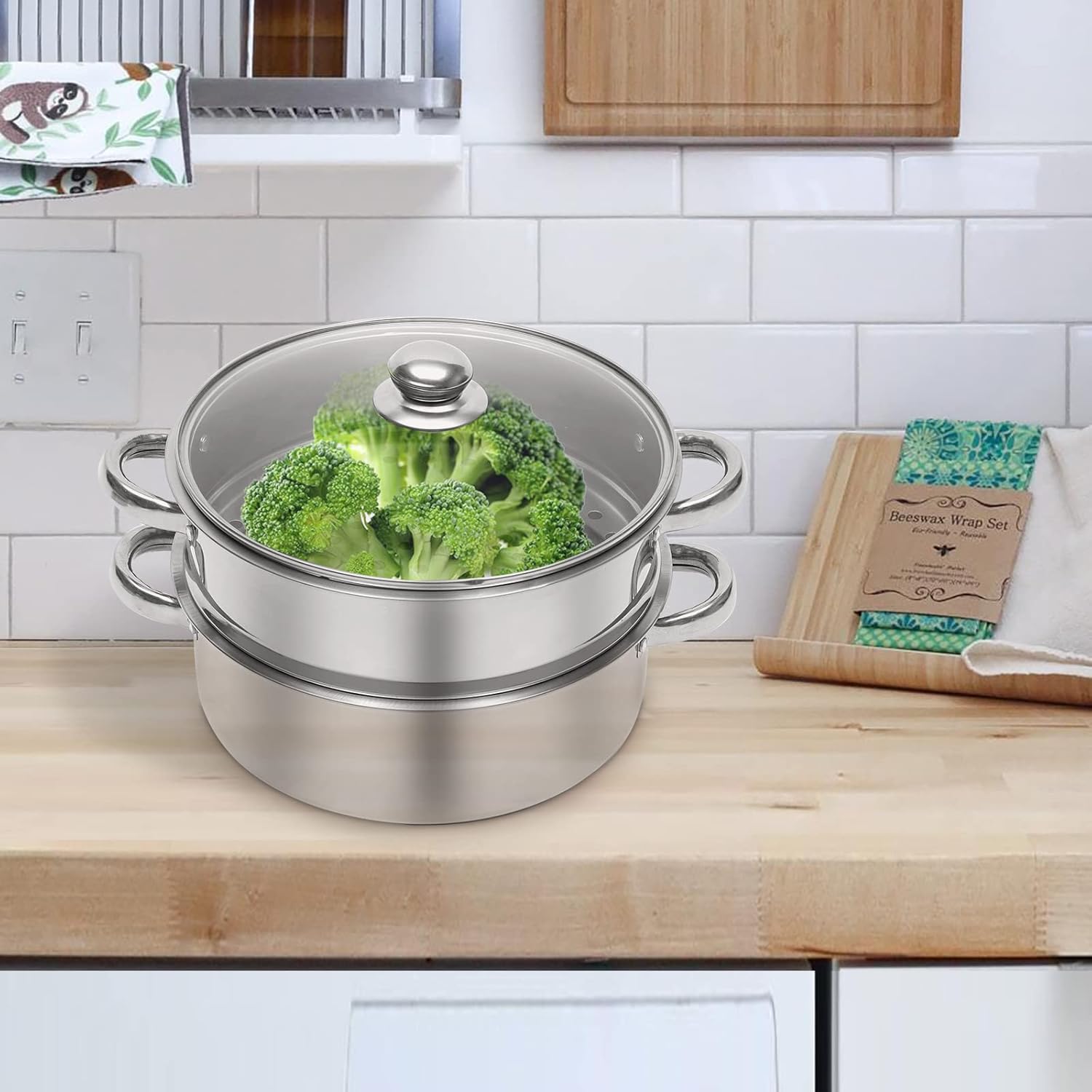 5-Layer Steam Cooker Commercial Stainless Steel Steamer Domestic Steam Pot 10.2 Inch Steamer for Cooking Food Steamer w/Glass Lid Steamer Pot Suitable for Tamale Vegetable Food Dumpling and Seafood