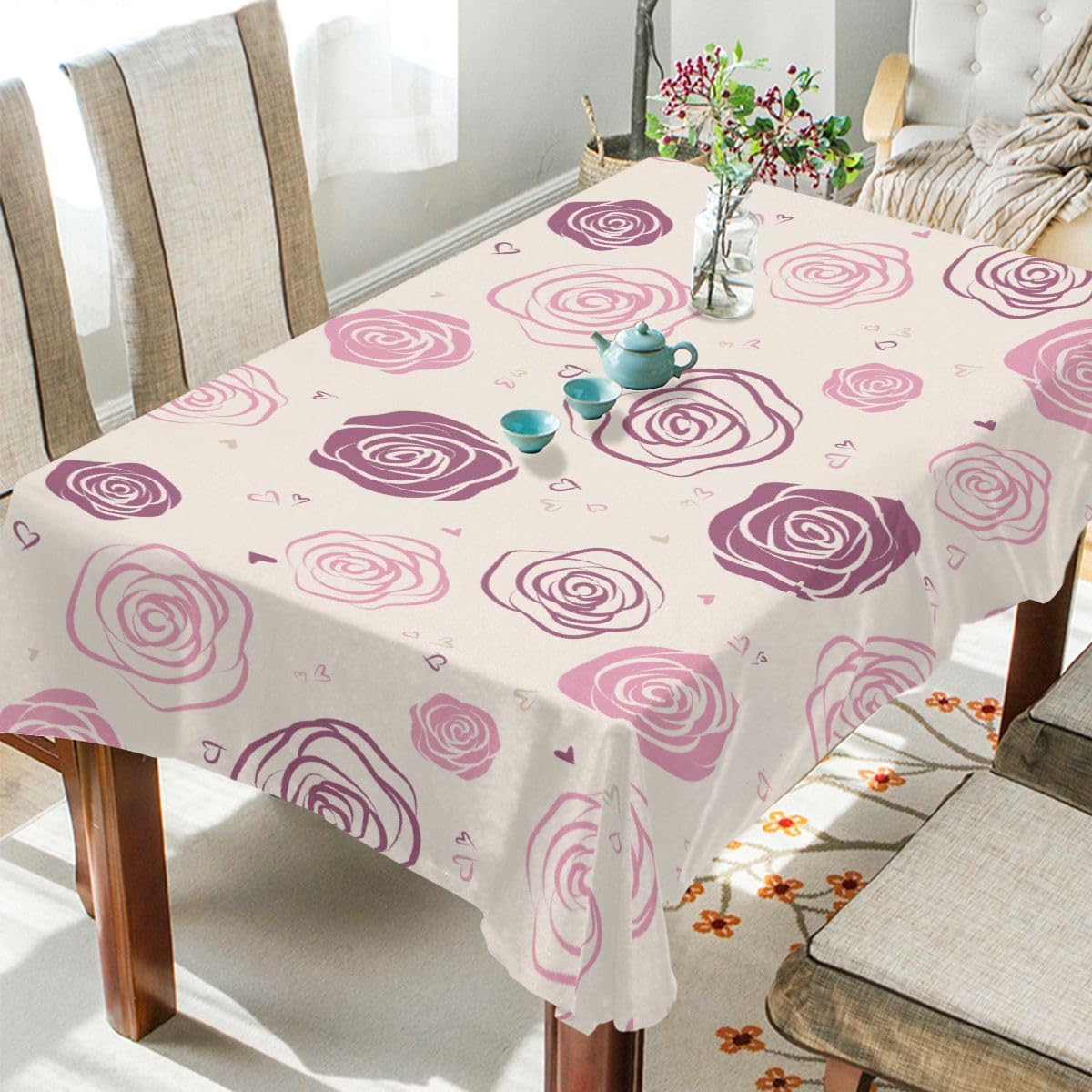 CHIFIGNO Pink Roses and Hearts Tablecloth 60"(W) x 108"(L), Rectangle Tablecloth Decorative Table Cover for Party Kitchen Dining Room Picnic