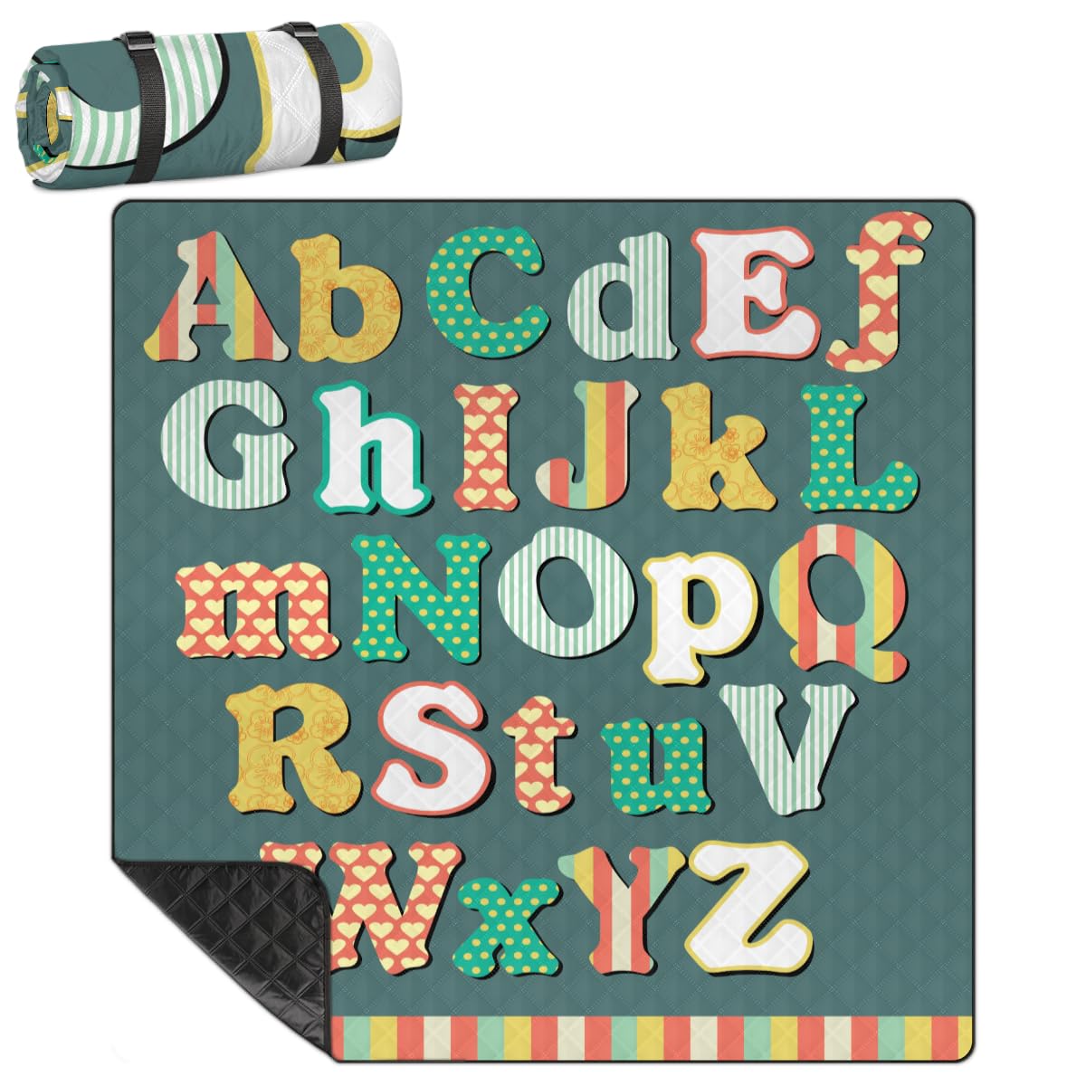 Shimoshe Extra Large Picnic Blankets 79”x 79”, Colorful English Letters Alphabet Waterproof Foldable Picnic Mat with Straps Portable Beach Blanket for Camping Park Grass Beach Indoor