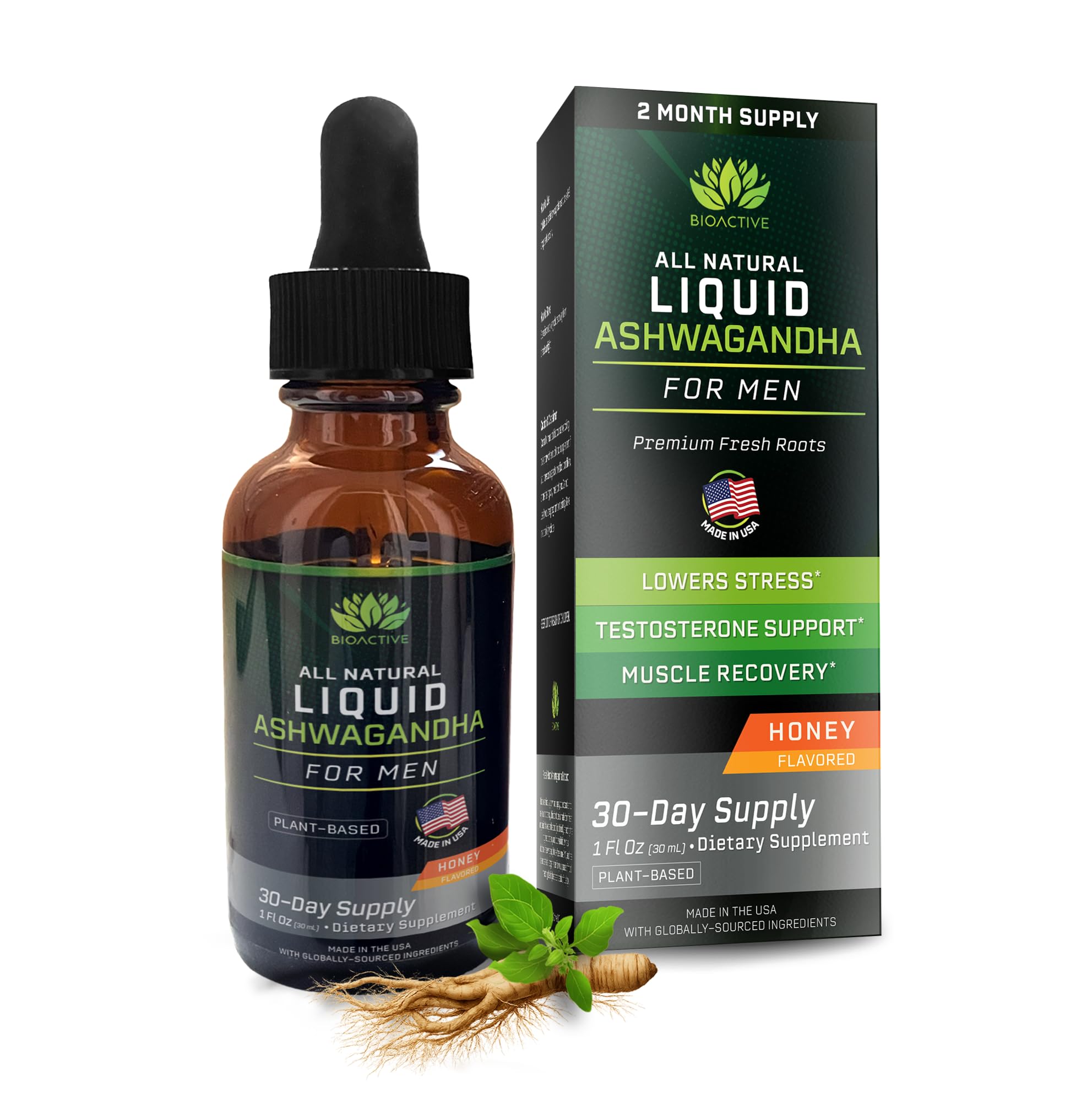 BIOACTIVE Liquid Ashwagandha Drops - Testosterone Health Supplement* - Adaptogen for Stress Support, Men’s Wellness - Organic, Vegetarian, Gluten Free