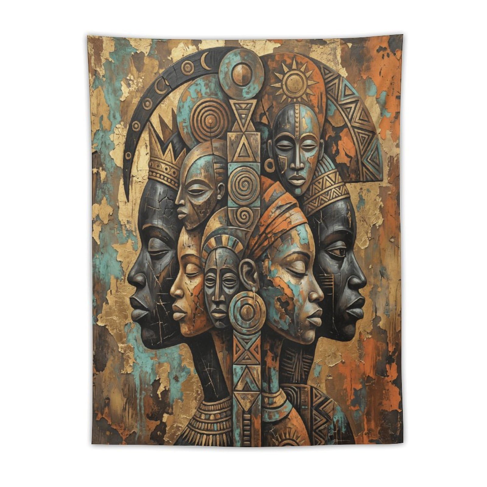 W7C8U2X3 Geometric African Faces Wall Tapestry, Cubist Art, Bedroom