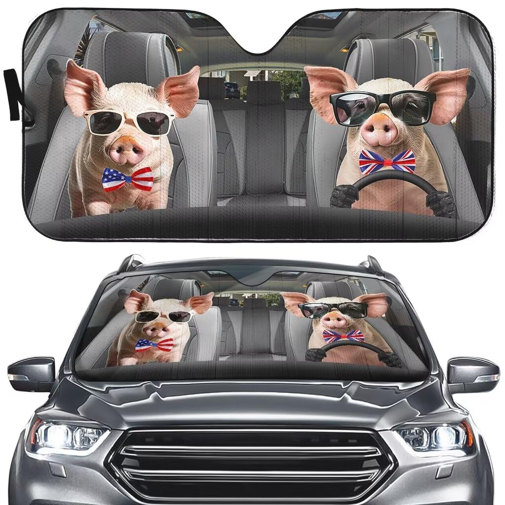 Pig Driver Car Sun Shade Family Auto Front Window Windshield Animal Car Sunshade Anti-Sunlight Automotive Cover Block for Car SUV Pickup Truck UV Rays(57x27.5 Inches)
