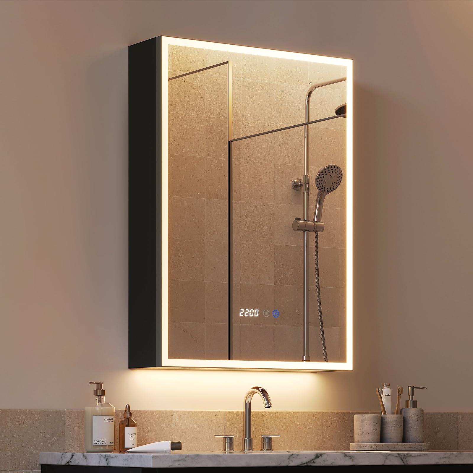 WOLTU Spiegelschrank Bad mit Beleuchtung, Badezimmerschrank hängend mit LED-Beleuchtung, Antibeschlag-Funktion, mit Steckdose und verstellbaren Ablagen, 14,5 x 50 x 70 cm, Schwarz