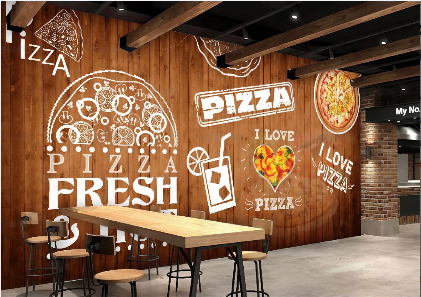 XDOUBAO Wallpaper Nostalgia Wooden Board Pizza Shop Delicious Food Fast Food Theme Mall Afternoon Tea Western Restaurant Background Wall Wallpaper Coffee Shop Mural,3D,300x210cm
