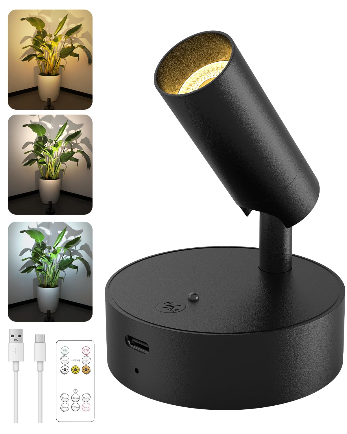 GOODEA Spotlights Indoor with Remote, 3000mAh Rechargeable Battery Plant Spotlight Indoor, Wireless Uplighting with 3 Colors &amp; Dimmable, LED Picture Light for Painting, Artwork Accent Lighting(1 Pack)