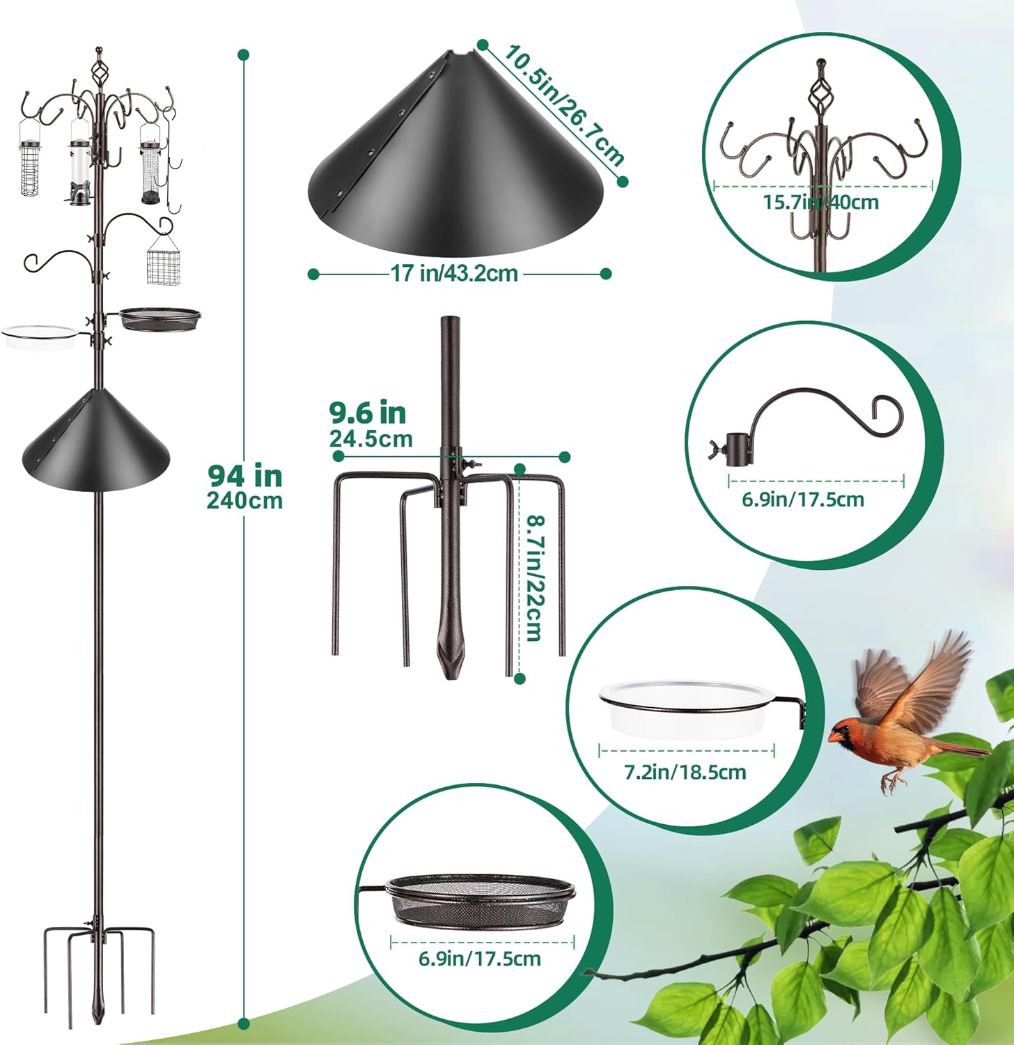 Bird Feeding Station Kit with Squirrel Baffle Bird Feeder Pole with Suet Cage Mesh Tray Fruit Hook Double W Hook for Attracting Wild Birds and Hanging Planter Hanger Lights