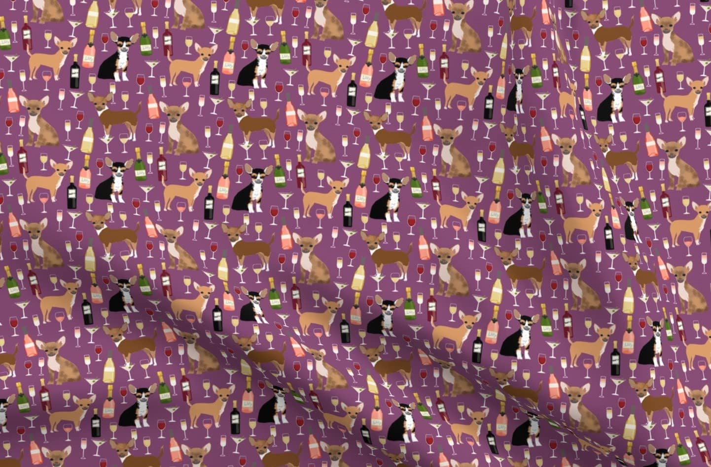 Spoonflower Fabric - Chihuahua Wine Champagne Cute Dog Breed Pattern Chihuahuas Dogs Pet Printed on Organic Cotton Sateen Fabric by The Yard - Sewing Quilting Apparel Home Decor