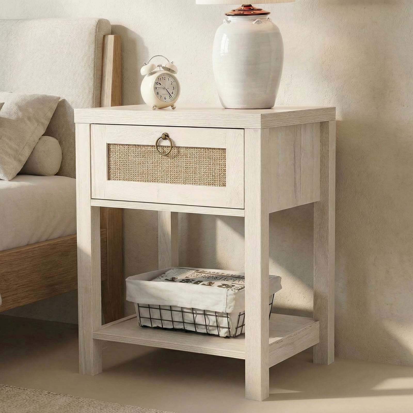 VOWNER Rattan Nachttisch Set 2er, Landhausstil Beistelltisch mit Schublade und Ablage, Böhmischer Sideboard für Schlafzimmer, Wohnzimmer, Flur, Gästebuchregal, 45 x 39 x 59cm (Eiche hell)