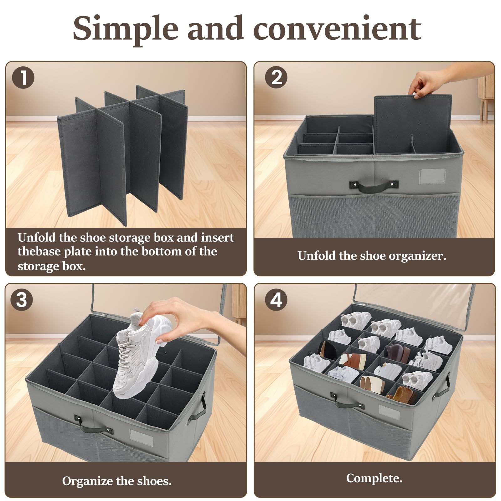 Boîte de rangement pliable pour 16 paires de chaussures avec séparateurs réglables, couvercles transparents et 2 poches en maille, idéale pour les chaussures et les accessoires