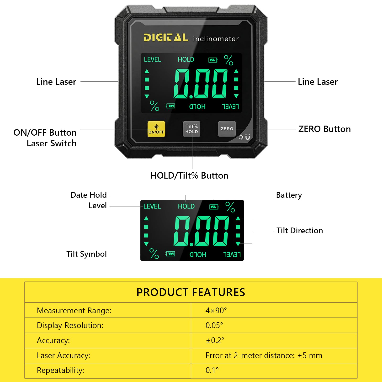Digitaler Winkelmesser mit Laser, Neigungsmesser Digital, 4-Seitiges Digitaler Winkelmesser Magnetisch, LCD Display, IP54 Wasserdicht, ±0,1° Präzision Inklinometer für BAU, Maschinen, Dekoration
