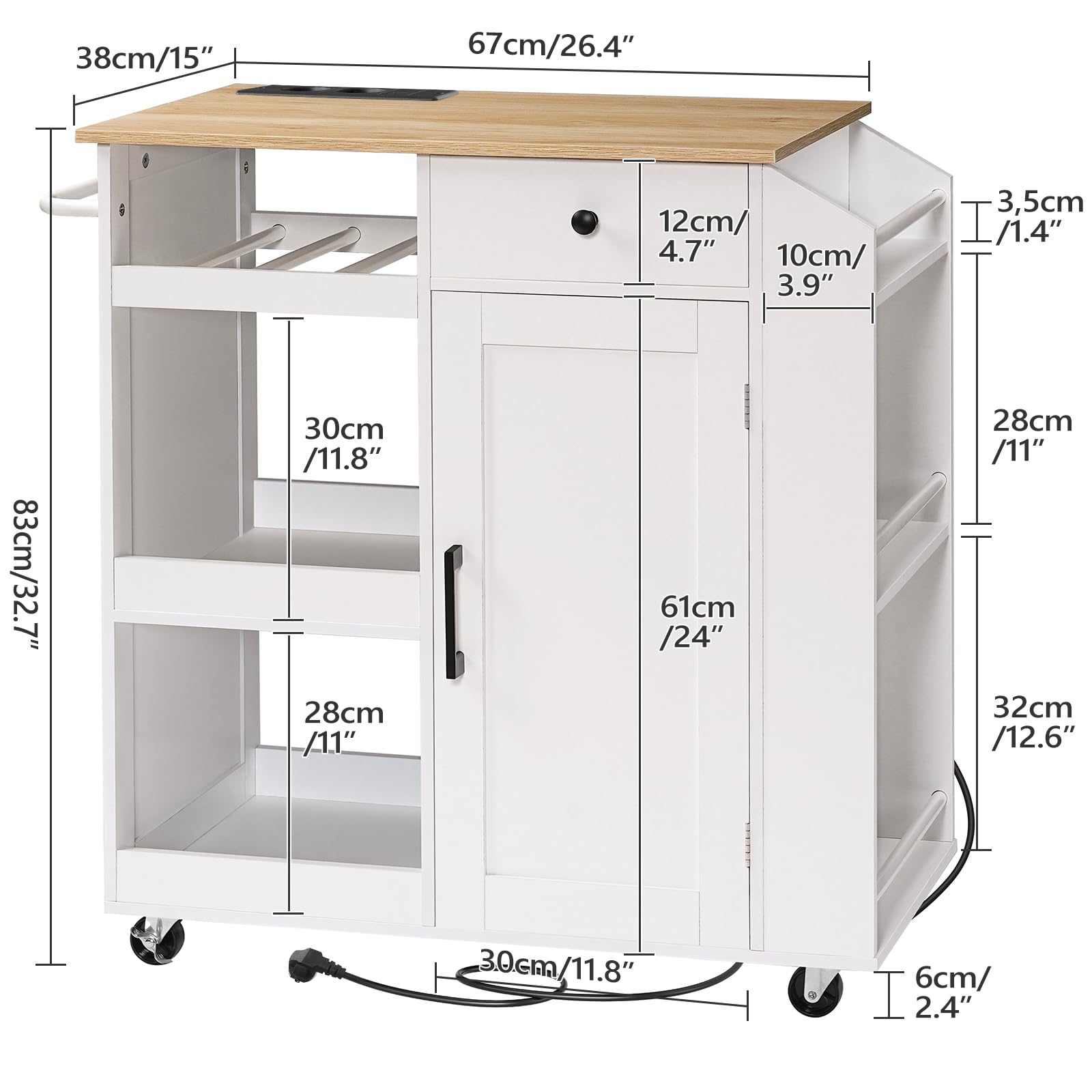 MAHANCRIS Carro de Cocina, Isla de Cocina, con Armario de Almacenamiento, Cajón y Especiero, Carrito Auxiliar con Enchufe Múltiple, para Comedor, Blanco y Natural AKINW122UE01