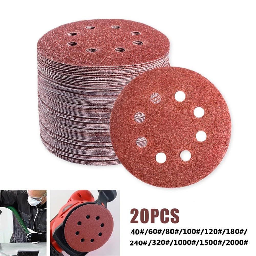 20 piezas de papel de lija redondo de 5 pulgadas y 125mm, discos de lijado de 8 agujeros, grano de gancho y bucle 40-2000.240,20 piezas