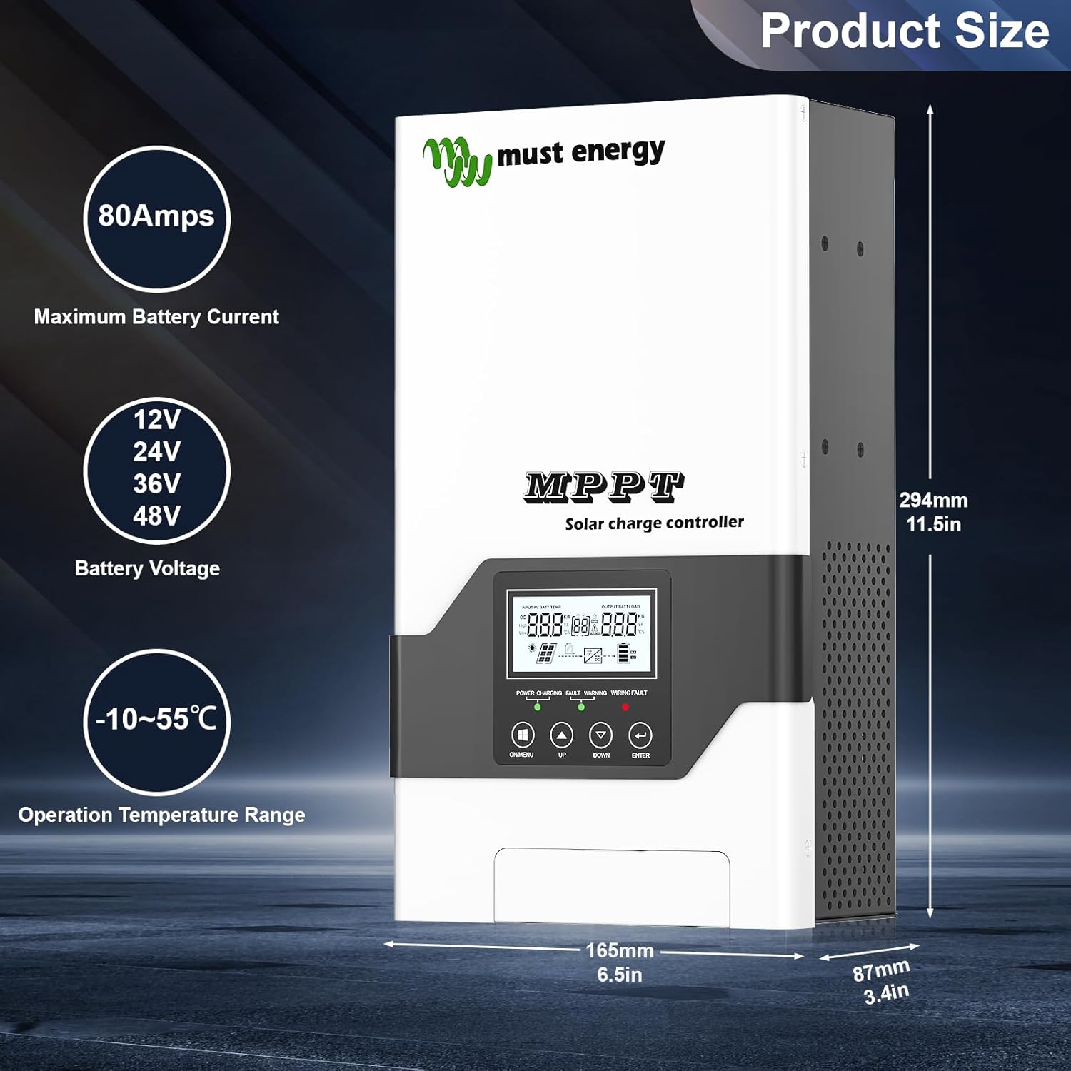 Dimensions of MUST ENERGY 80A MPPT Solar Charge Controller