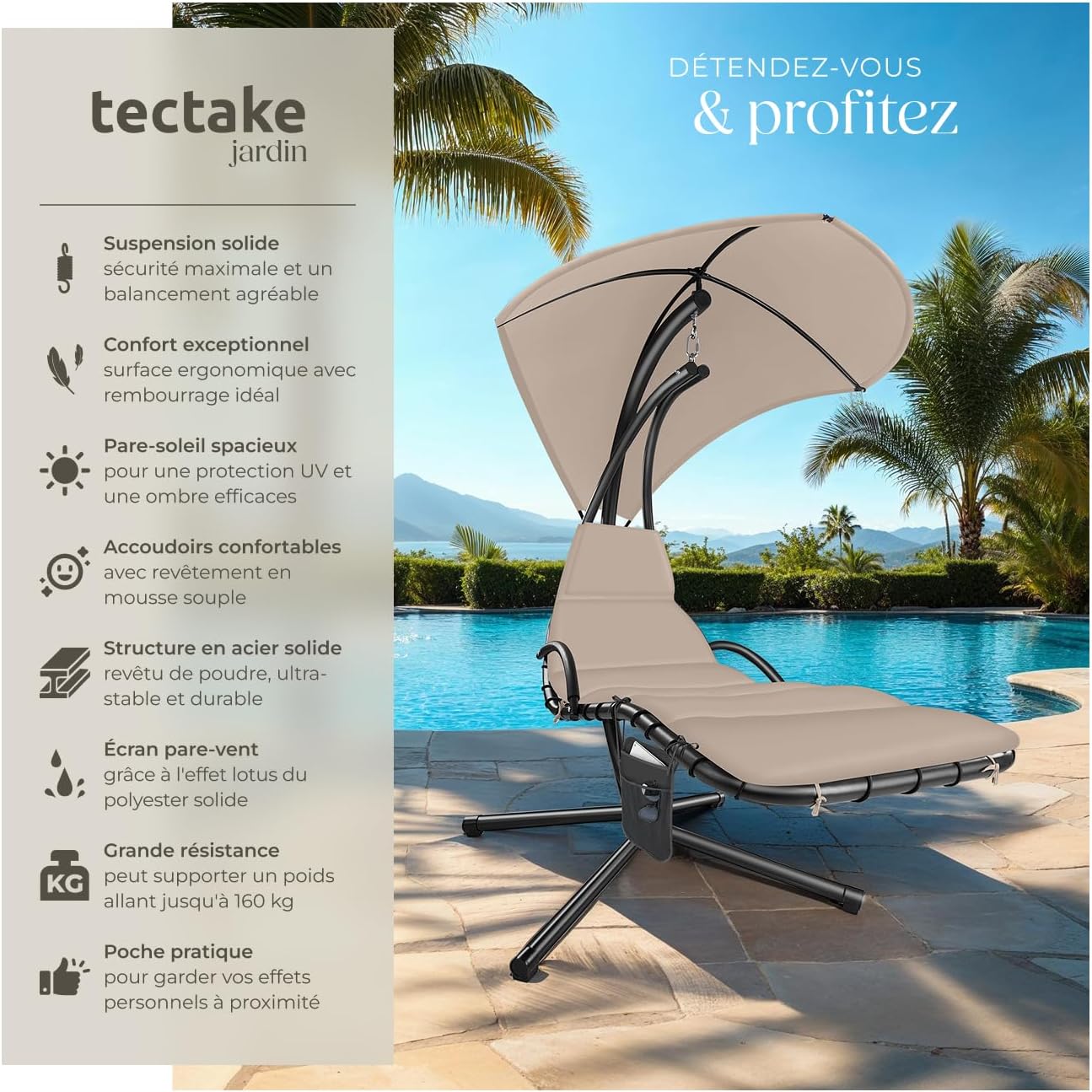Przód view of the tectake suspended sun lounger with its parasol extended, highlighting the ergonomic design.
