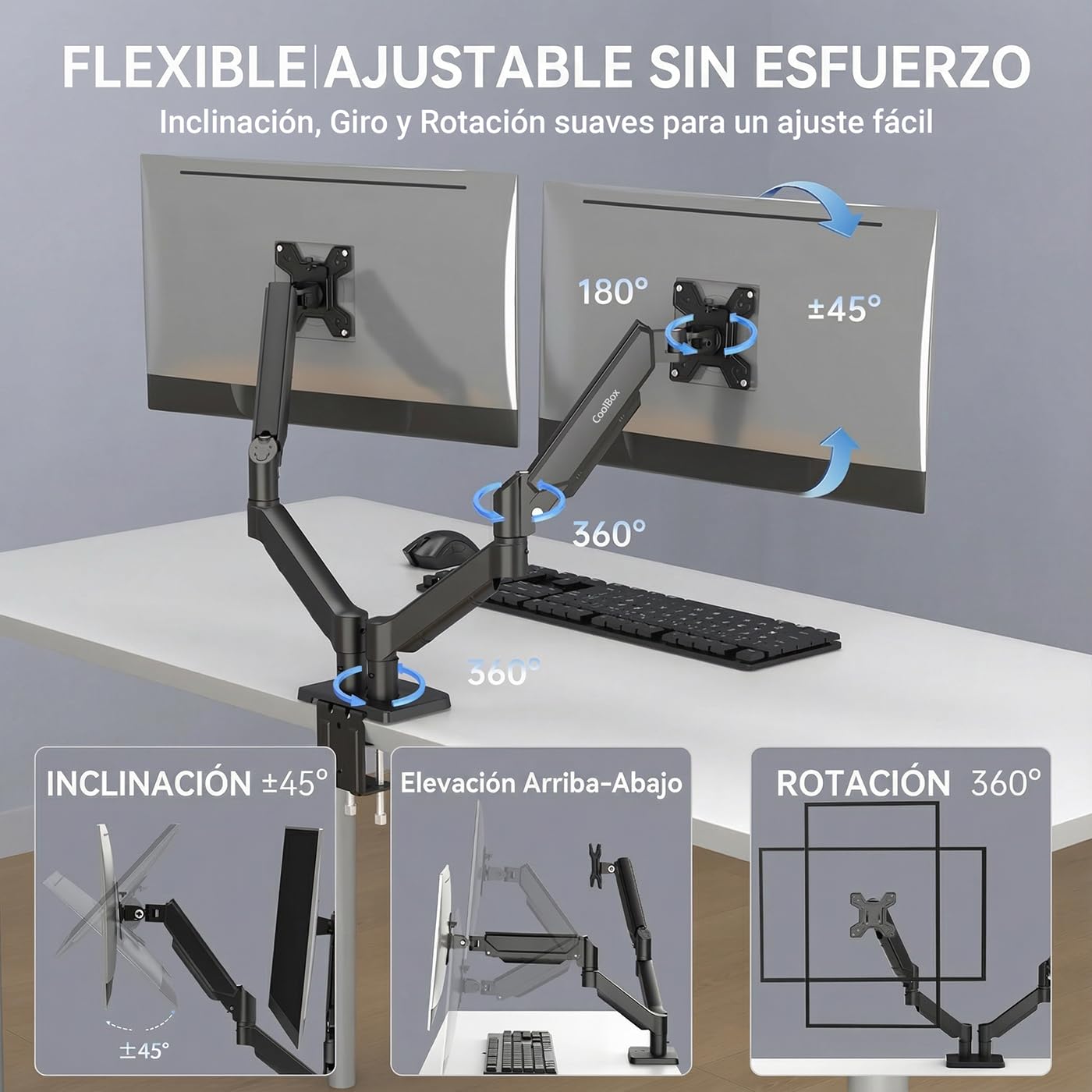 CoolBox M02D - Brazo Monitor Doble para Pantallas hasta 32", hasta 8Kg en Cada Brazo, Altura, Inclinación y Giro Ajustables, Rotación Monitor Vertical, VESA 75x75/100x100, Negro