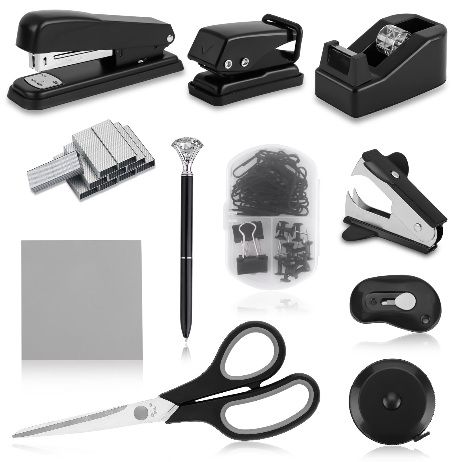 Black Desk Accessory Kit Cute Office Supplies Set Desktop Stapler Set Includes Staple Remover Hole Punch Tape Dispenser Ballpoint Pen Scissor Mini Box