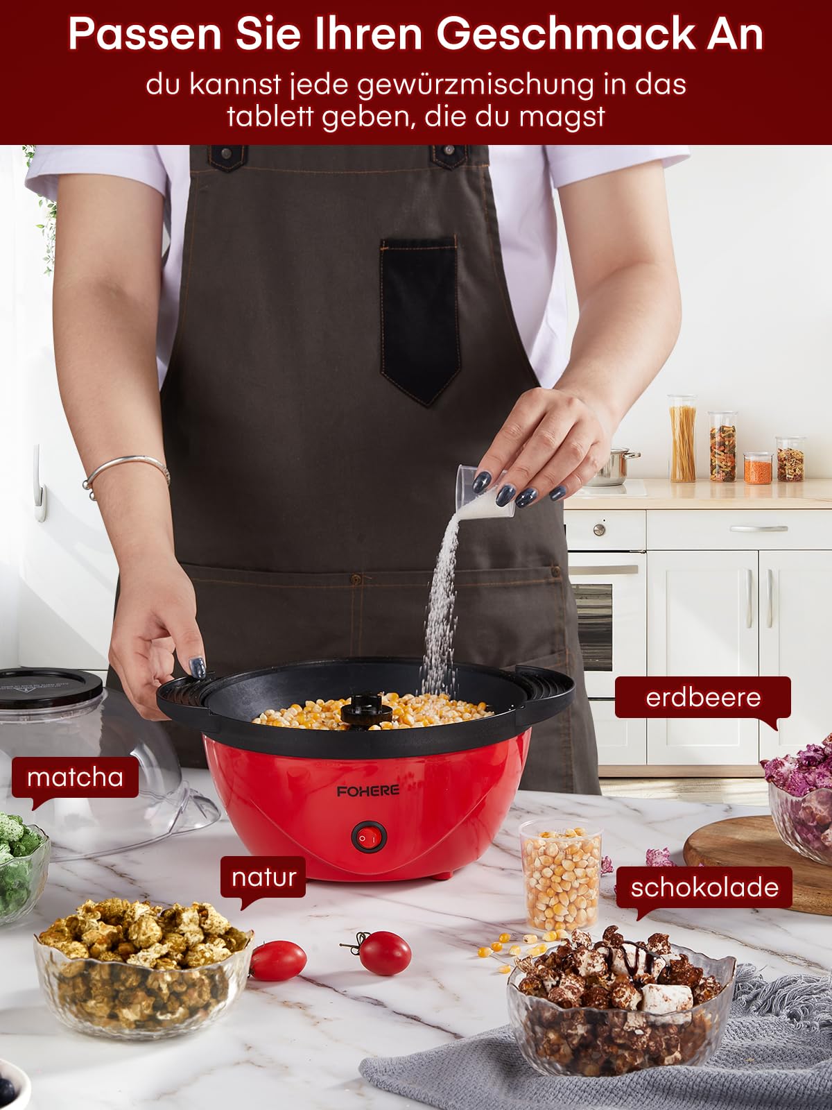 FOHERE Popcornmaschine, 3.5L Popcorn Maker für Zuhause, Elektrische Rühr Popcorn Popper mit Zucker & Öl, Antihaftbeschichtung, Stille und Schnelle, Für Filmabende,Heiligabend