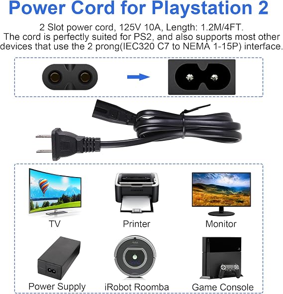 Power Cable and AV Cable for CSTESVN PS1 PS2 PS3, AC Power Cable and AV Cable Compatible with PlayStation 1 2 3, 2 Prong Power Supply and Audio Video RCA AV Cable Replacement Set