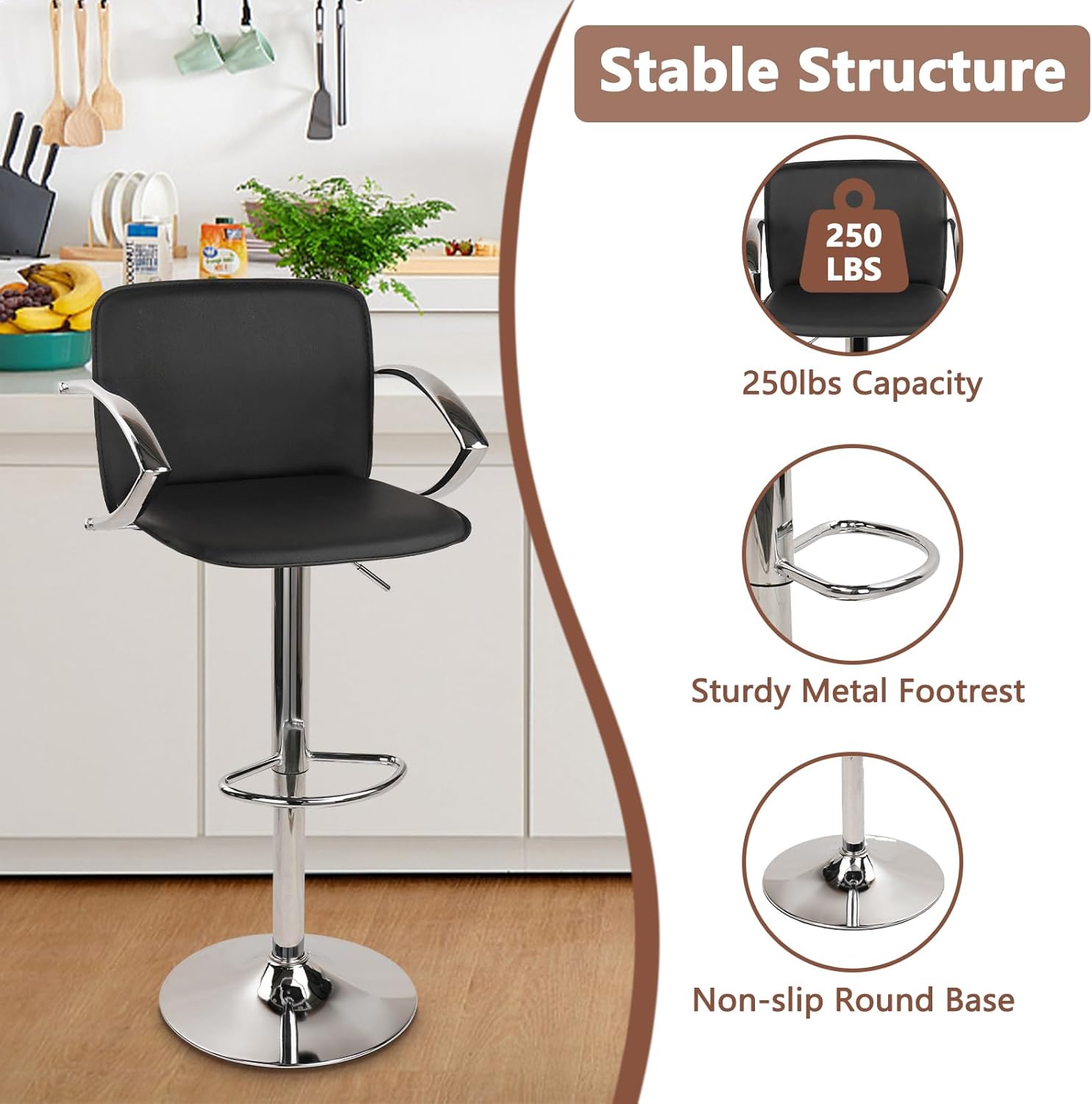 KLASIKA Bar Stool Set of 2 Adjustable Height Counter Stools Bar Chairs with Armrests, Ergonomic Backrest and Footrest, 360 Degree Swivel Seat, Leather Barstools for Kitchen, Dining Room, Black