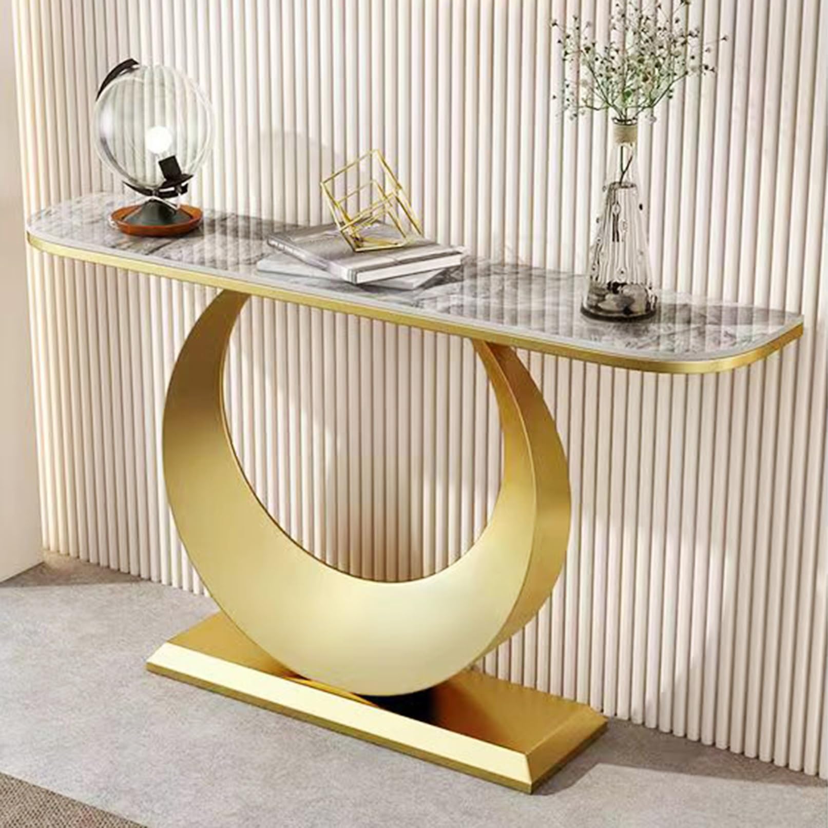 Mesa consola moderna para entrada estrecha detras del sofa gris