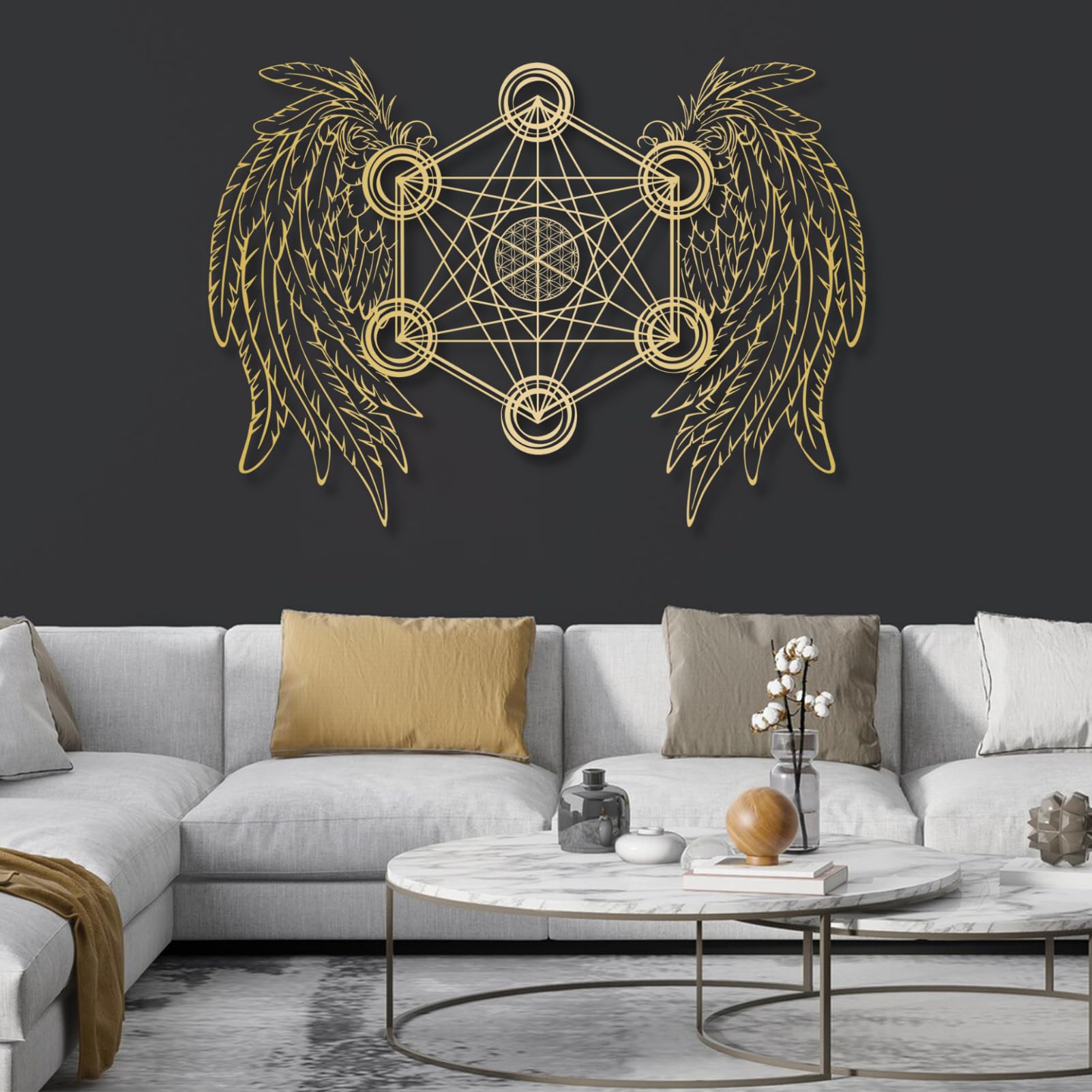 Décoration murale métal géométrie sacrée Cube Métatron doré fait main