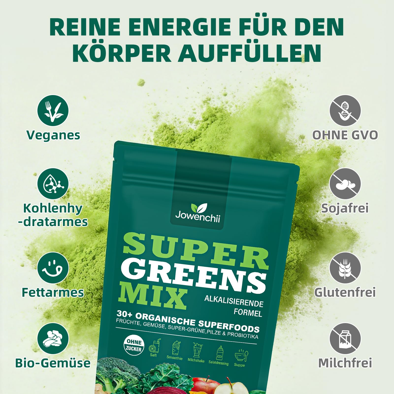 Grüne Entgiftungspulver, Grünes Superfood Pulver Helfer– 33 Zutaten mit Spirulina, Chlorella, Pflanzenstoffen – Greens Pulver mit Ballaststoffen, Enzymen & Probiotika – Vegan, ohne Zuckerzusatz