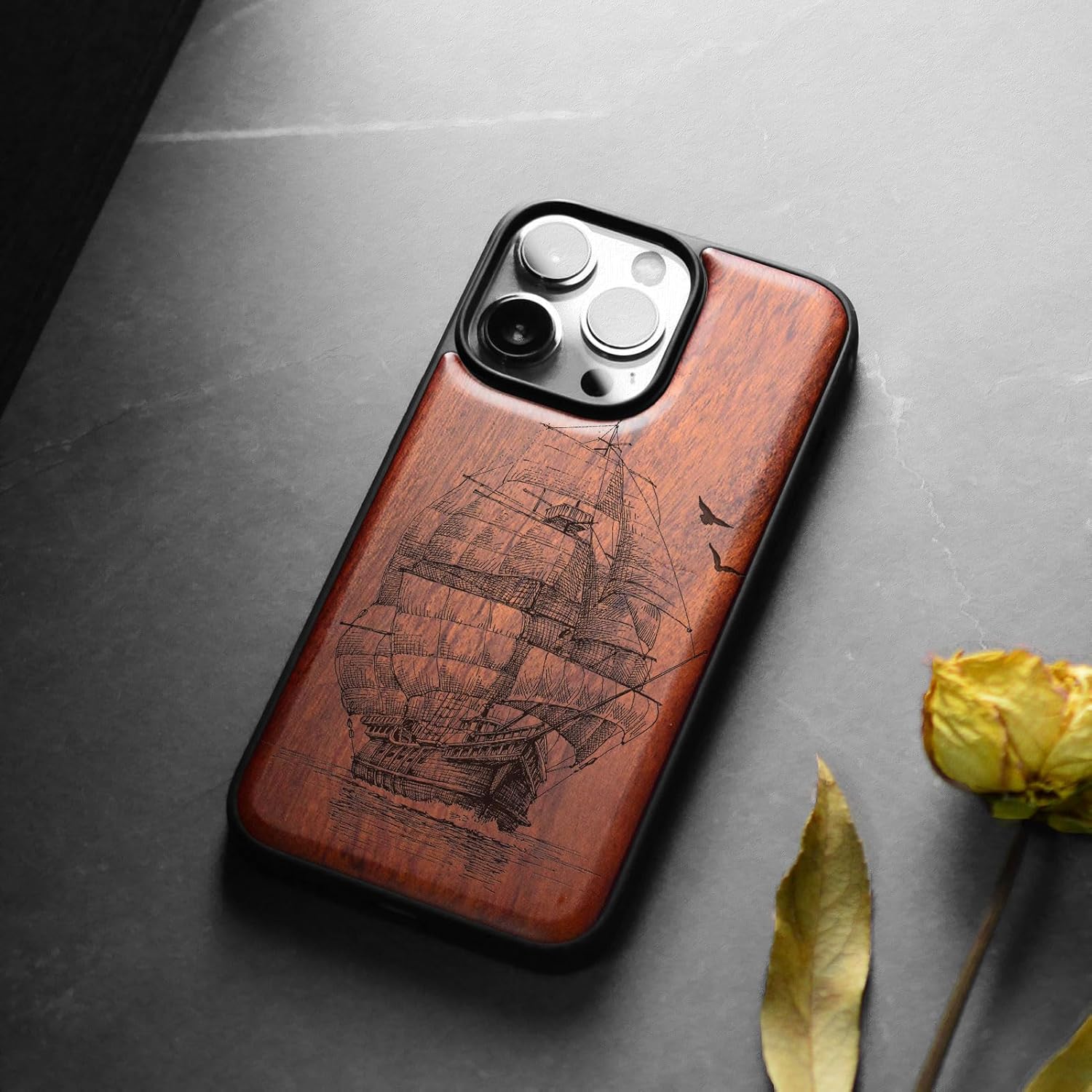 Carveit Magnetic Wooden Case for iPhone 15 Pro Case, Compatible with MagSafe Wireless Chargers, Black Soft TPU Shockproof Cover & Wood Artisan Engraved (Sailboat on The Sea) - Rosy