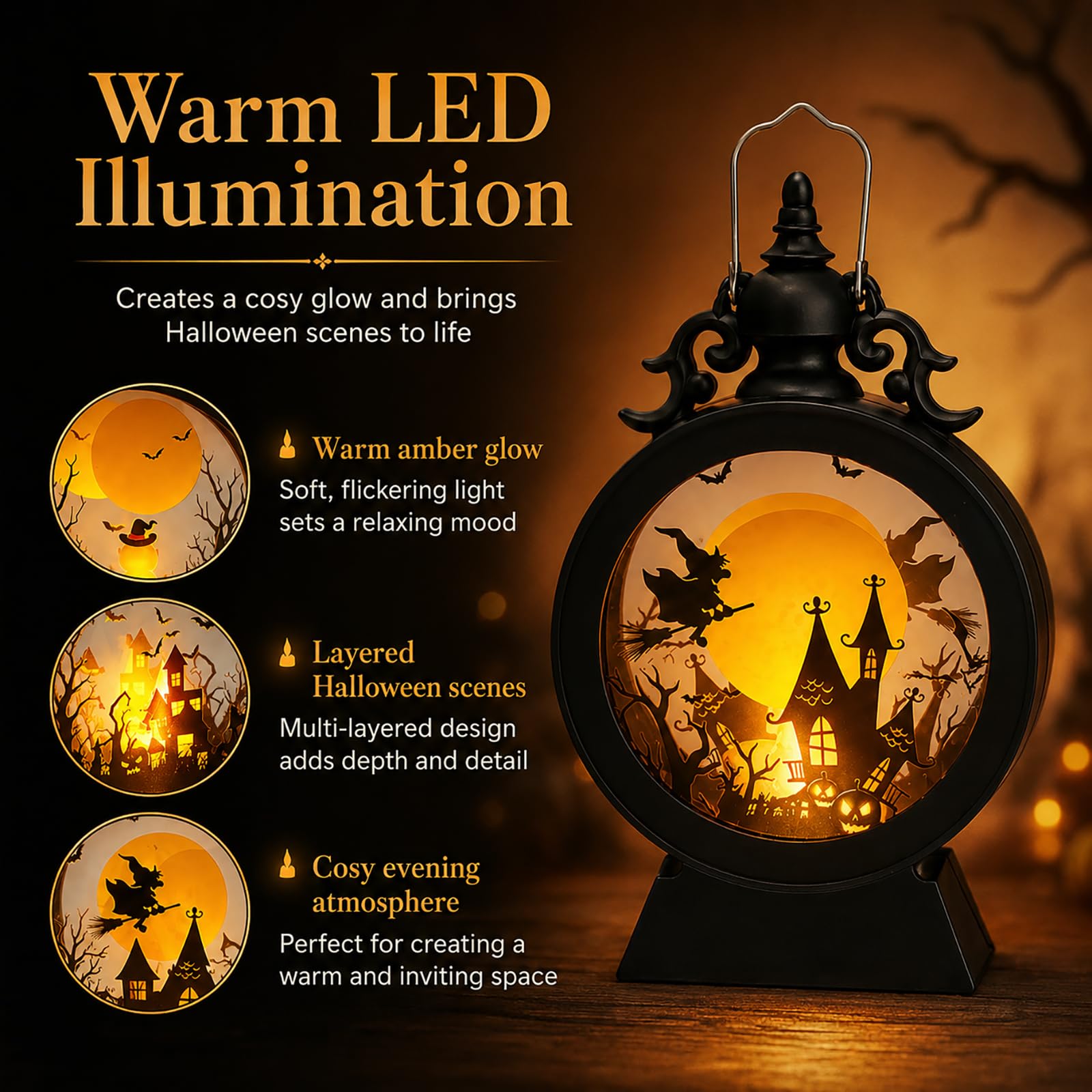 Lampion Halloween LED do dekoracji stołu, 17 cm, vintage, wiszące światło