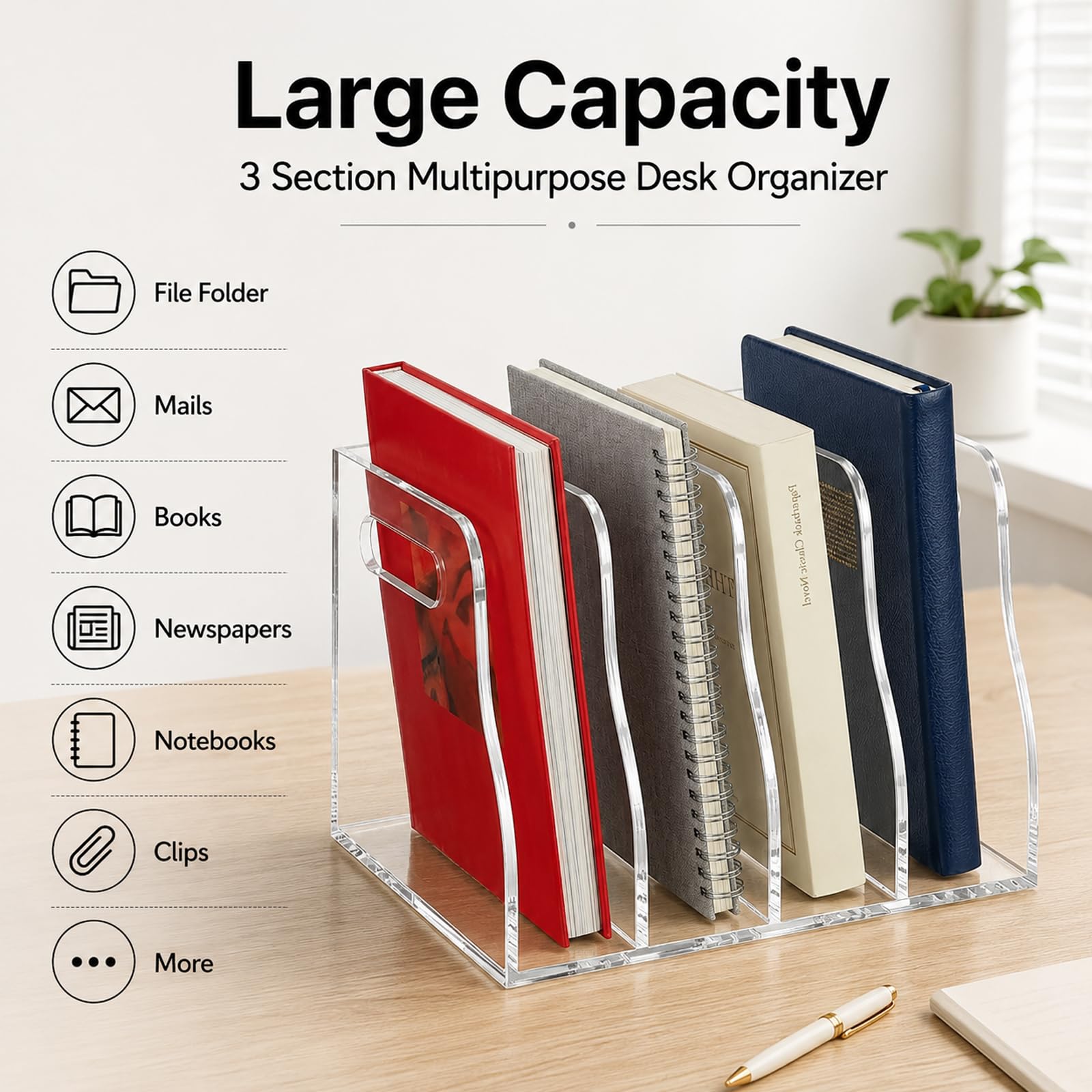 Soporte acrílico para archivos, organizador vertical de 4 compartimentos, organizador de escritorio transparente para el hogar, oficina, escuela, soporte de exhibición de documentos A4, libros