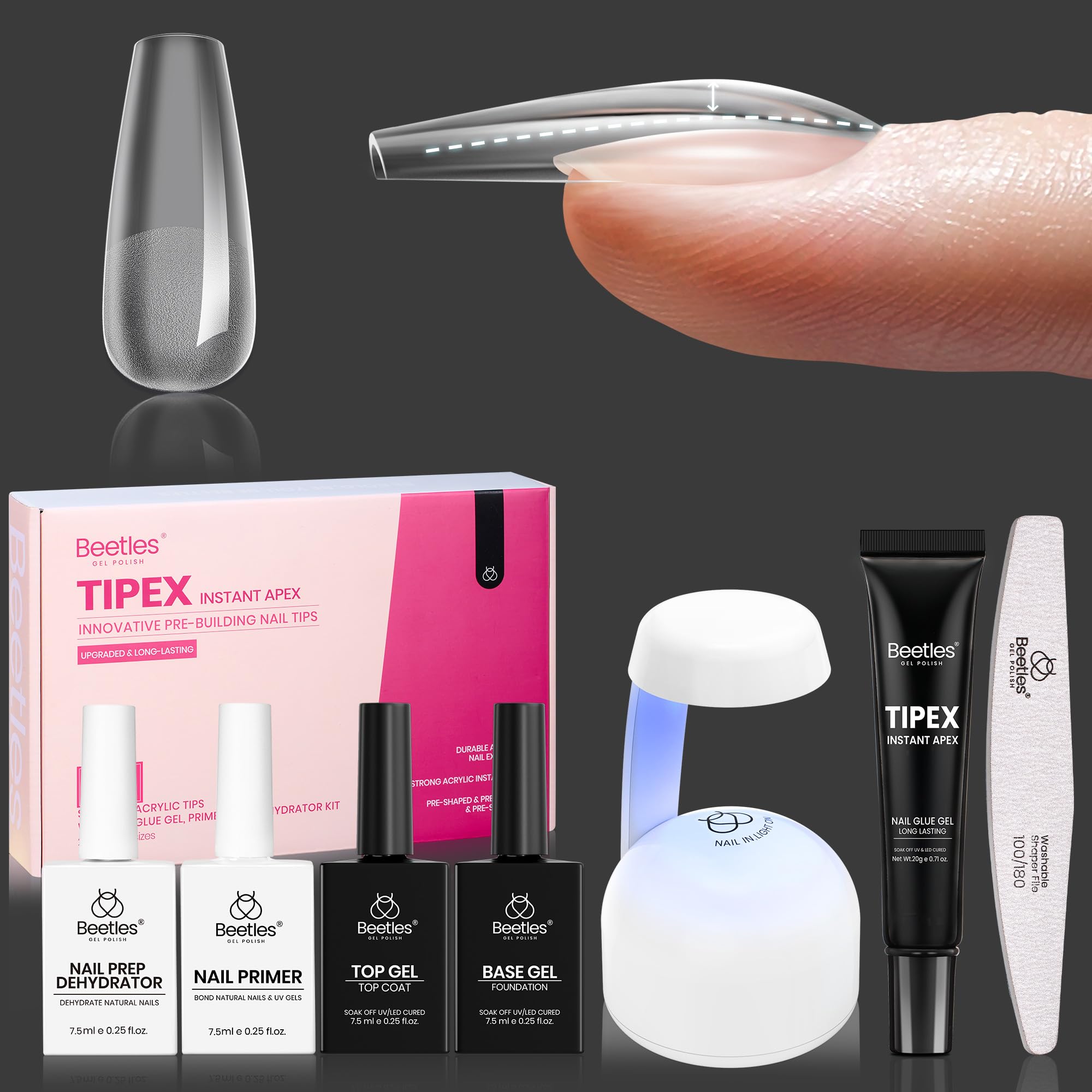 Beetles Tipex Instant Apex Nail Tips Kit, Long Stiletto 224Pcs 16 Sizes Pre-Building & Pre-Etched Gel Nail Tips Thicker Acrylic Nails False Nail Extension with Uv Nail Glue Nail Lamp for Flat Nails main image 0