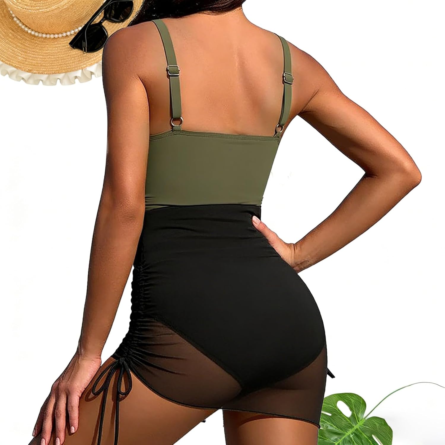 Women's One Piece Swimsuit Tummy Control Swimdress with Skirt Slimming Mesh V Neck Sarong Wrap Bathing Suit