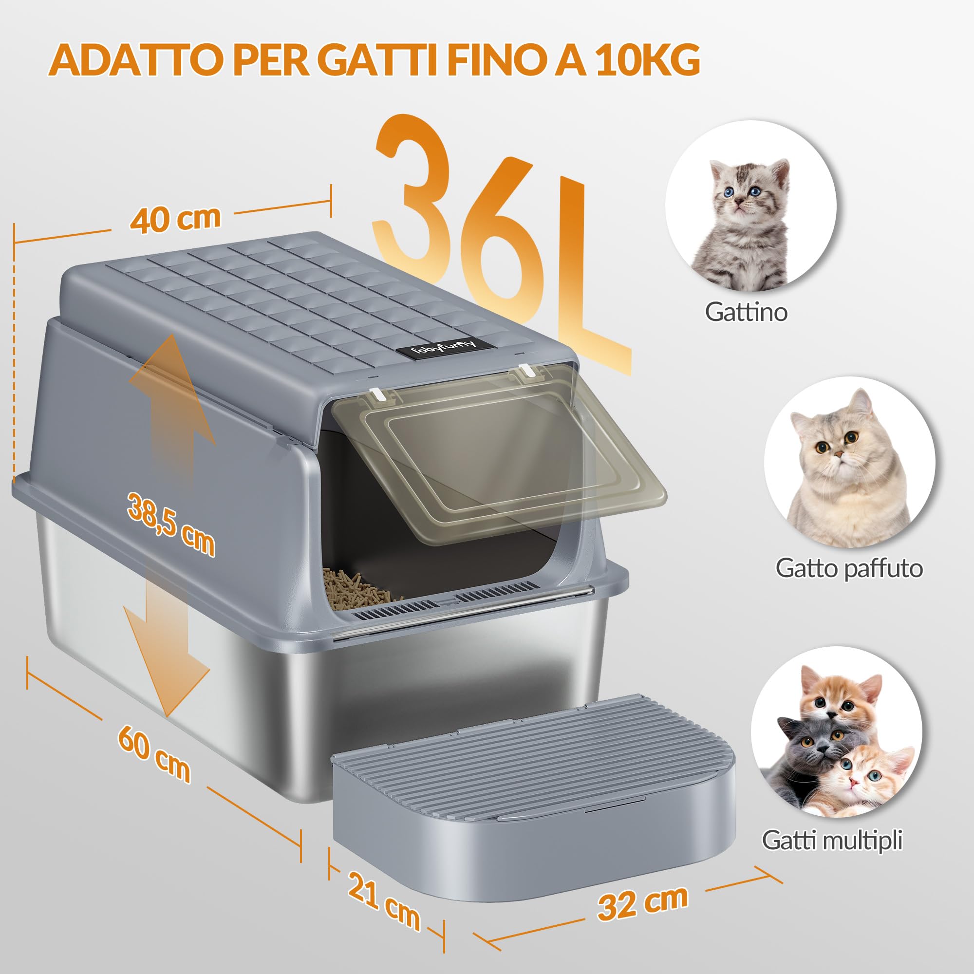 Lettiera Acciaio Inox Chiusa con Coperchio, Lettiera Gatto Acciaio Inox XXL, con Paletta e Pedana, Rimovibile, Coperchio Incernierato a 120°, Facile da Pulire, Grigio Scuro, FPLB001SG2