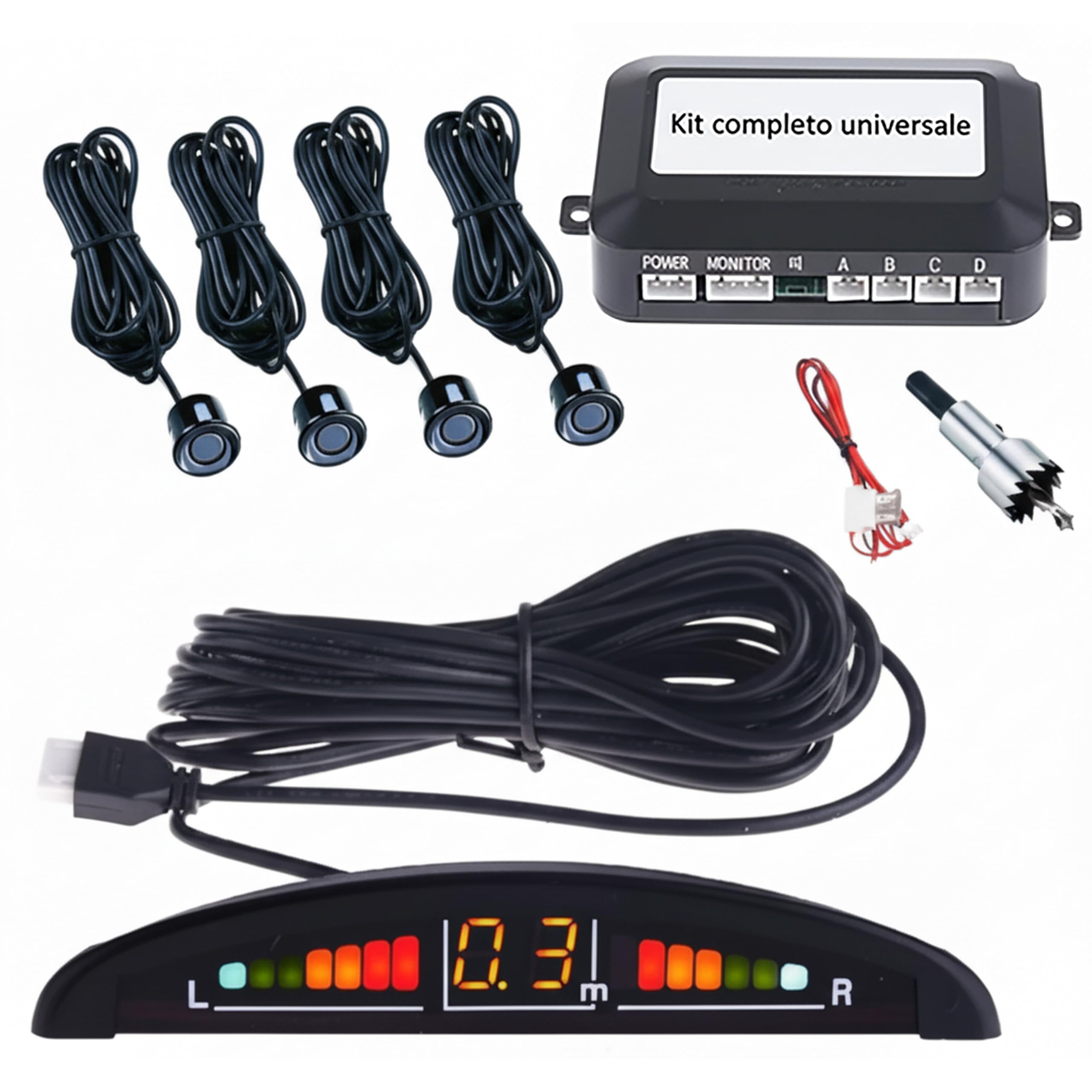 tempo di saldi PARKING Sensor Kit 4 for Car, Includes 4 paintable sensors, LED Display, Acoustic, Control Unit, Hole Drill