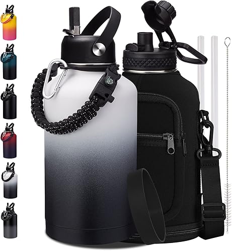 Botella de agua de medio galón con pajilla botellas de agua aisladas al vacío de 64 onzas con mango de paracord tapas de boquilla de pajilla soporte