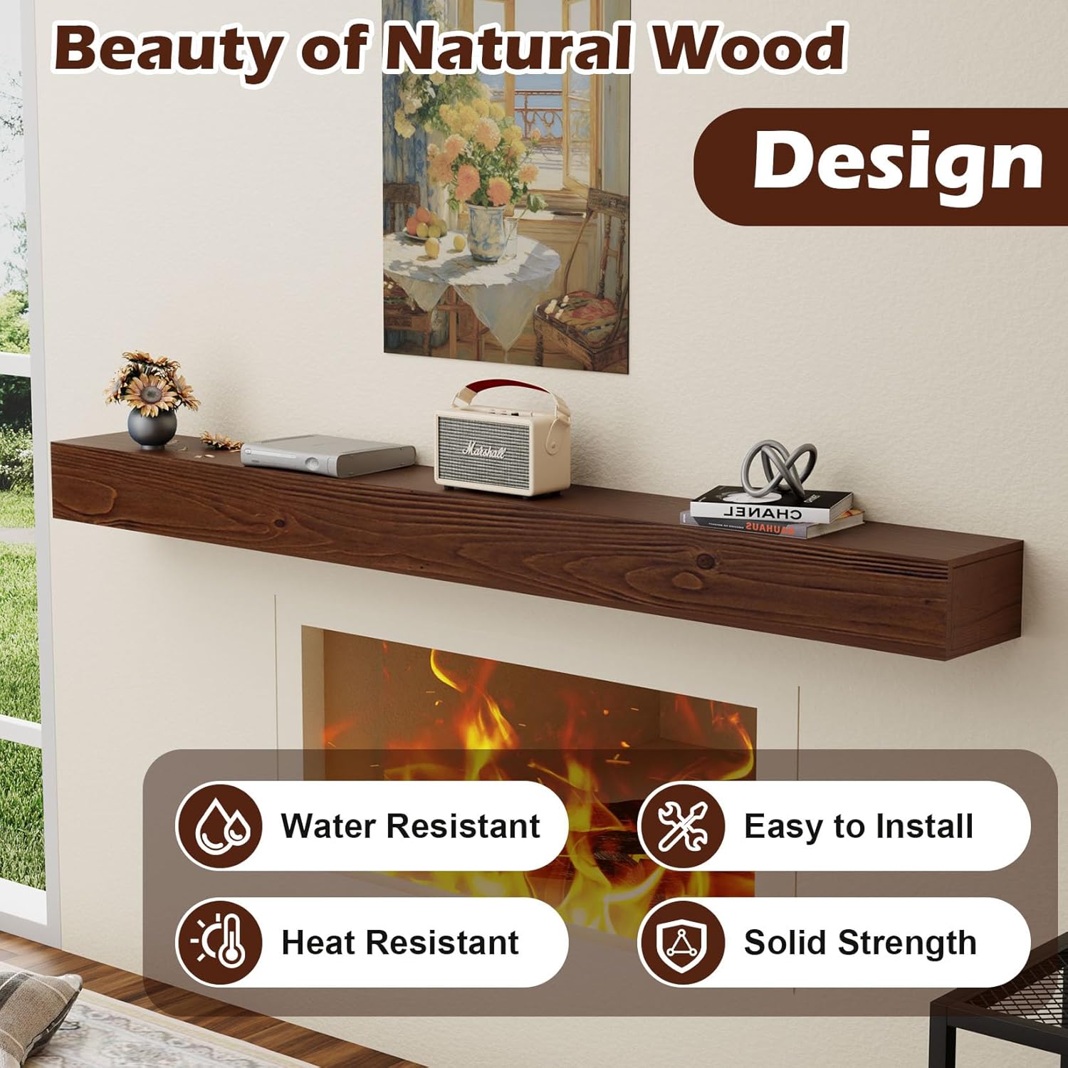 Floating Fireplace Mantel Shelf 72 inch Rustic Solid Wood Mantels for Fireplace Natural Pine Wood Mantle for Fireplace Living Room Farmhouse - 72 X 8 X 5，Rustic Traditional