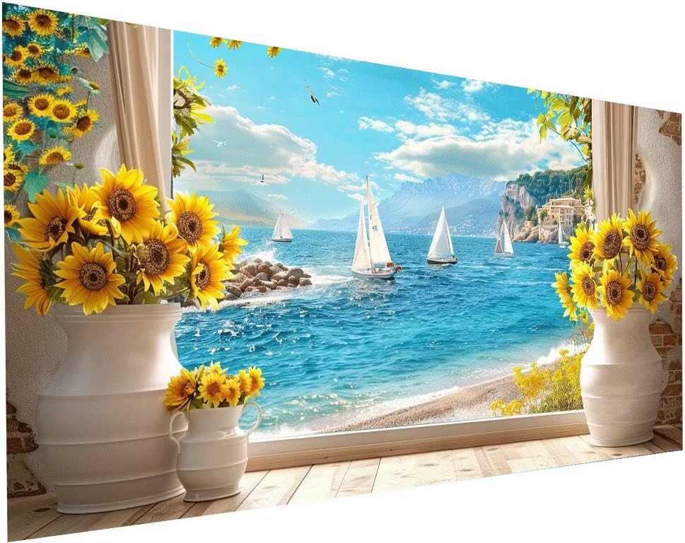 Broderie Diamant Kit Complet 5D Voilier Tournesol 40x80 cm Activité Manuelle Adulte