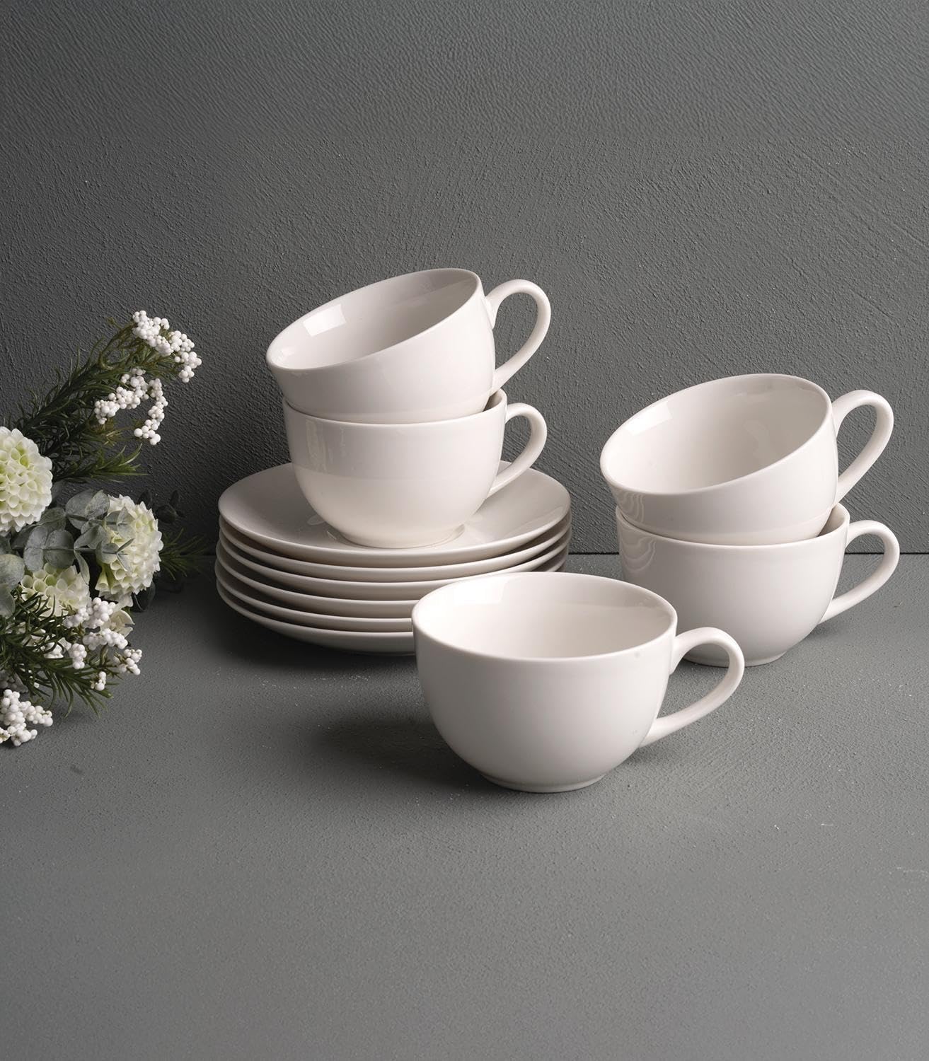 Cappuccinotassen mit Untertasse - 220 ml - Weiß - Bone China - 8er Set