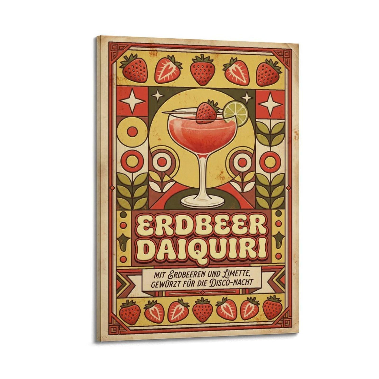 Xkuga Boys Frame-Style Strawberry Daiquiri Rum Cocktail Poster Recipe Card Vintage Modern Decorative Canvas Prints - Ideal Wall Art For Family, Man Cave, Game Room, & Girls Bedroom 20X30inch(50X75cm)