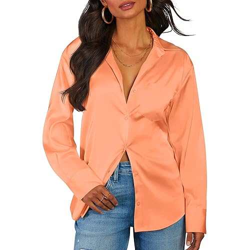 CBOO Women Elegant Satin Blouses Shirts, Soft Silk Shirts Top, Satin Button Down Shirts, Office Long Sleeve Blouse Shirt