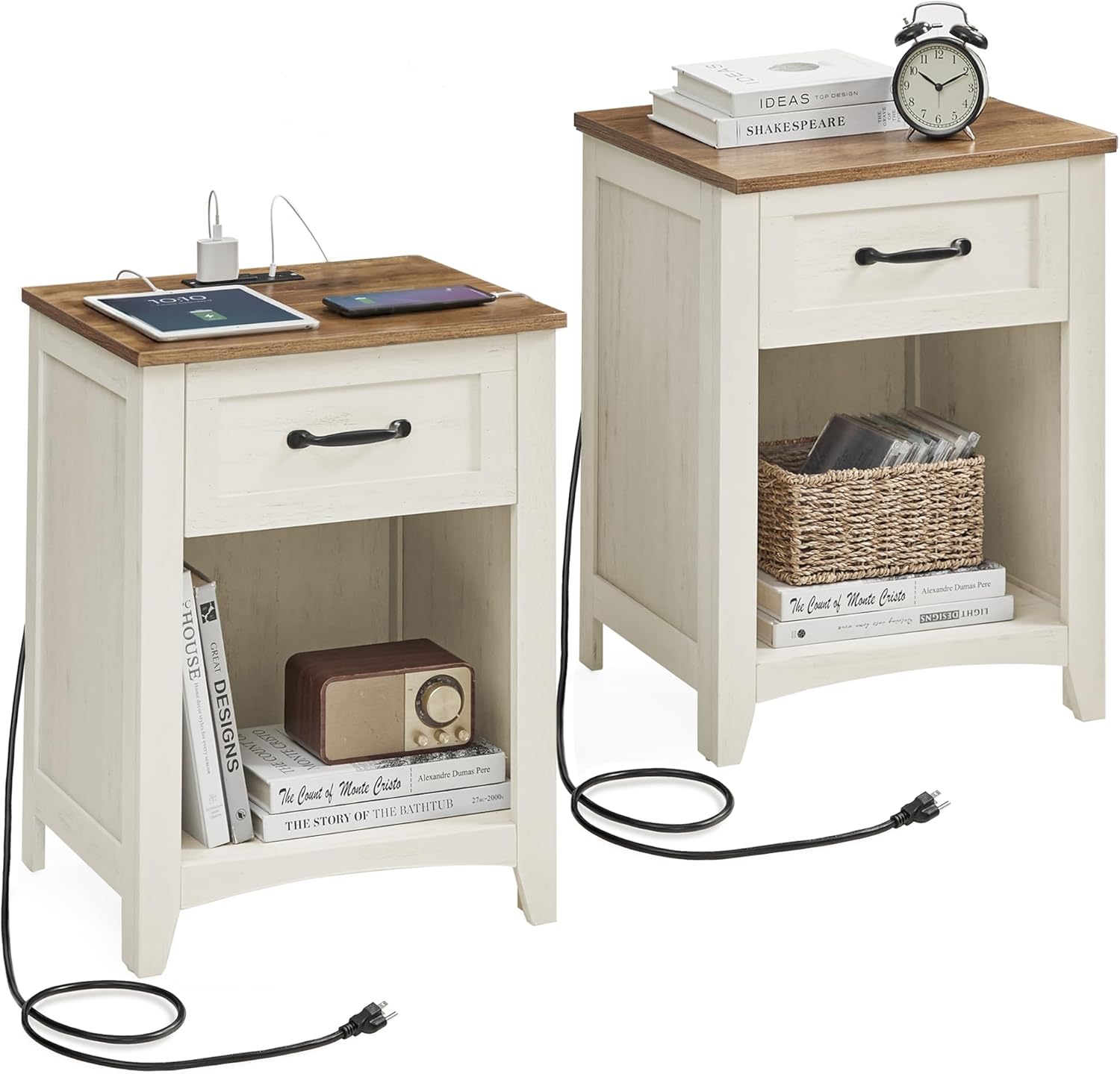 VASAGLE LIRY Collection – Farmhouse Nightstands with Charging Station, Set of 2 Bedside Tables, Side Tables with Drawer, Open Compartment, for Bedroom, Rustic White and Honey Brown ULET859K41