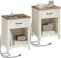VASAGLE LIRY Farmhouse Nightstands Set of 2 with Charging Station, Drawer & Shelf - Rustic White & Honey Brown ULET859K41