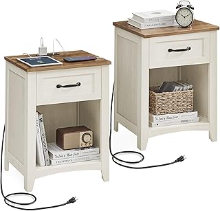 VASAGLE LIRY Collection - Farmhouse Nightstands with Charging Station, Set of 2 Bedside Tables, Side Tables with Drawer, Open Compartment, for Bedroom, Rustic White and Honey Brown ULET859K41