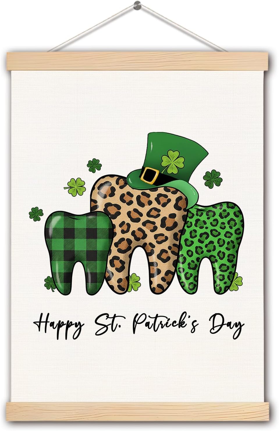 TAZSWDMM Happy St. Patrick's Day Dental Poster Wall Art Framed, Irish Shamrock Green Plaid Leopard Teeth Canvas Prints Wall Decor for Clinic Medical Dentist Office, 12x16 Inch