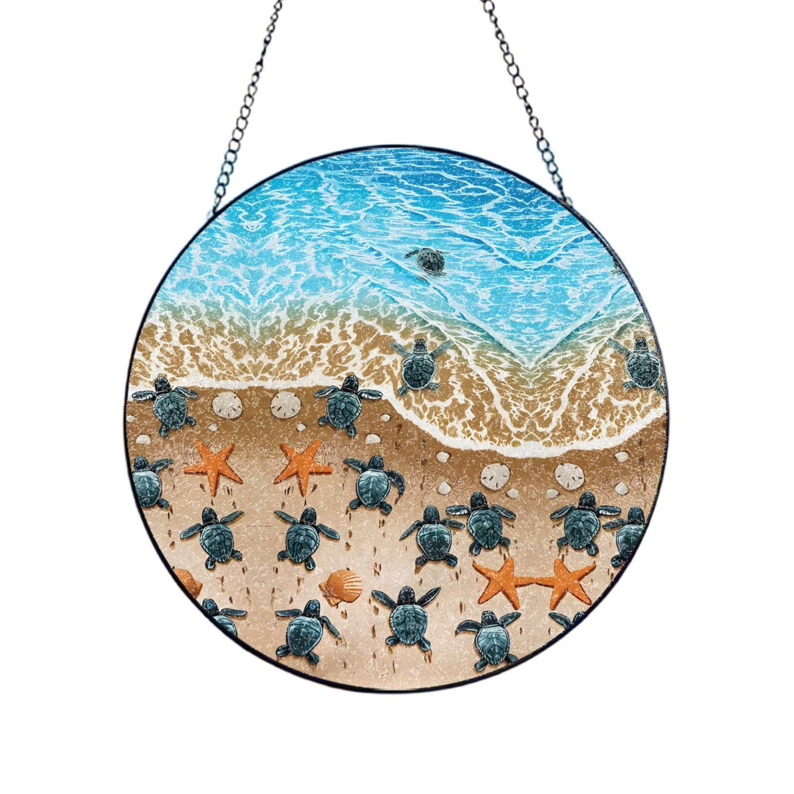 Phayah Turtle Crawling On The Beach Print Stained Glass Window Hanging Suncatcher For Door Terrace Garden Home Decor Sun Catcher Birthday Gifts For Lovers Dad Mom 8in（20cm）