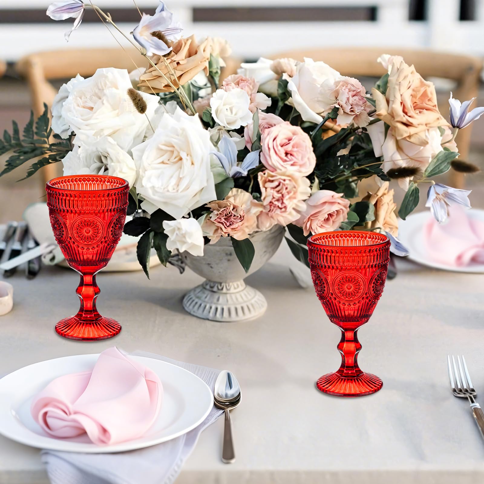 Weingläser im Vintage-Stil, 12-teilig, 284 ml, farbige Glas-Wasserkelche, einzigartiges florales geprägtes Muster, hochklare Stiel, Glaswaren, Hochzeit, Party, Bar, Trinkbecher, ausgefallene Gläser