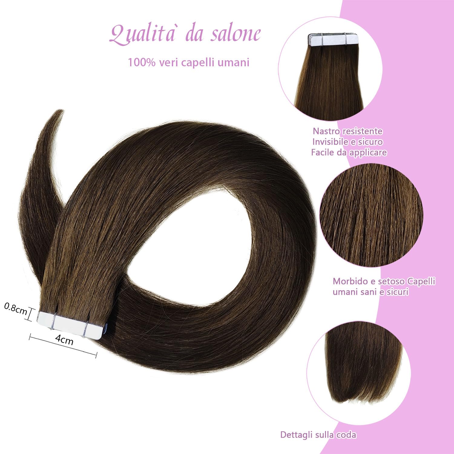 LieblichWelle Extension Capelli Veri Biadesivo Marrone Scuro 55 cm, 20 pz, 50 g, Salon-Grade Qualità, Facili Comode da Indossare Per le Giovani Donne (Marrone Scuro, 55 cm)