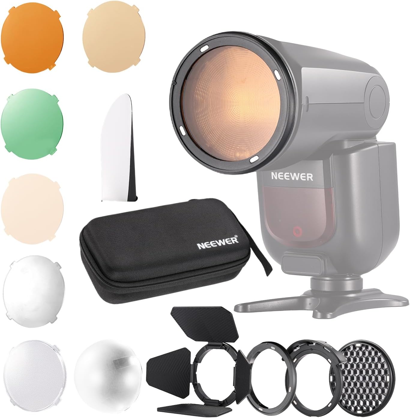 NEEWER CRM2 Magnetic Accessories Kit for Round Head Flash Z1-C/N/S Z2-C/N/S/F Z2Pro-C/N/S/F Compatible with Godox V1 Speedlites, Included 14pcs Flash Light Control Modifier Diffuser Adapter