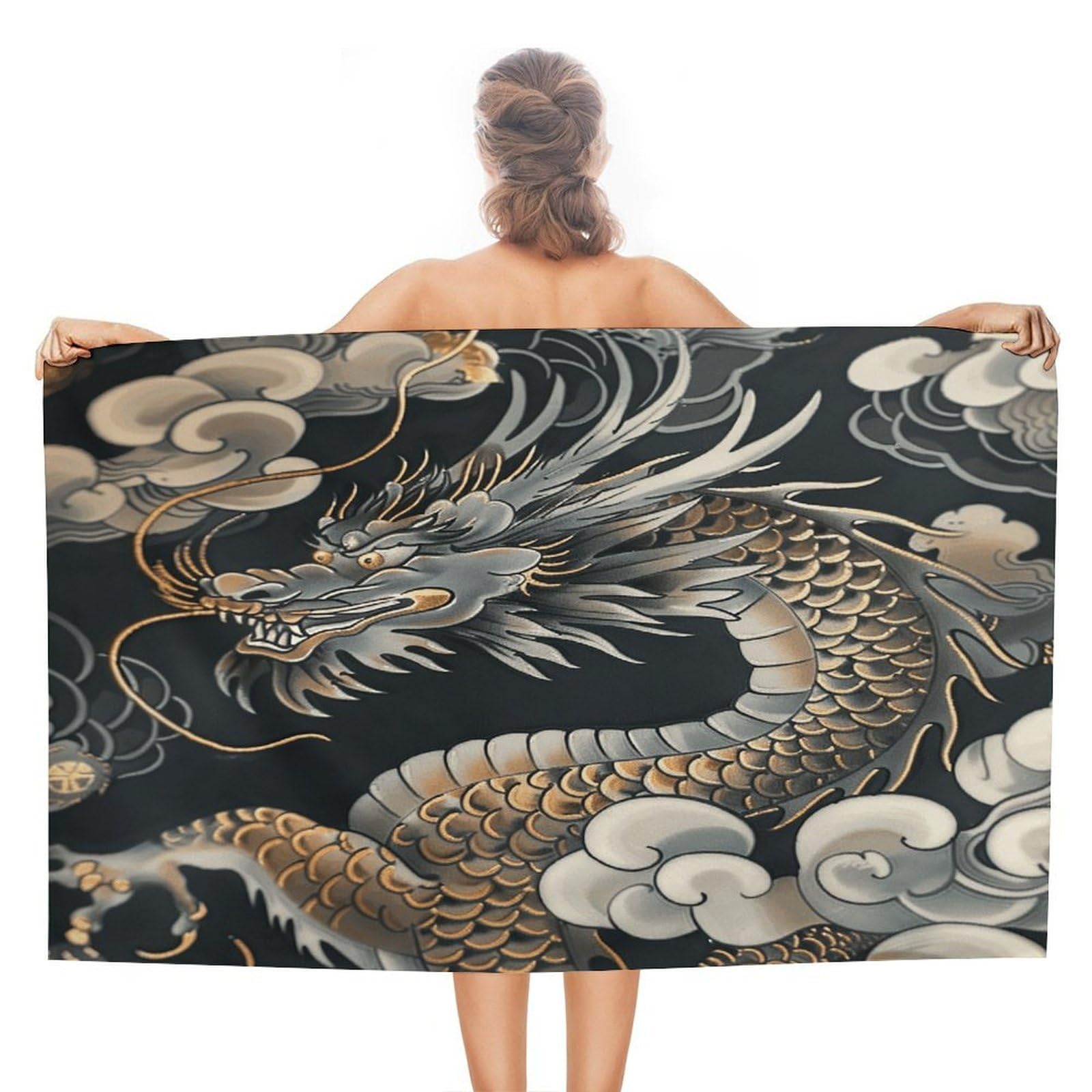 VstaDank Black Oriental Dragon Beach Towel 51x31 Inch Oversized Soft Bath Towel Luxury Plush Thick Hotel Swim Pool Towels Super Quick Dry Travel Towels for Camping Gym Sports Yoga